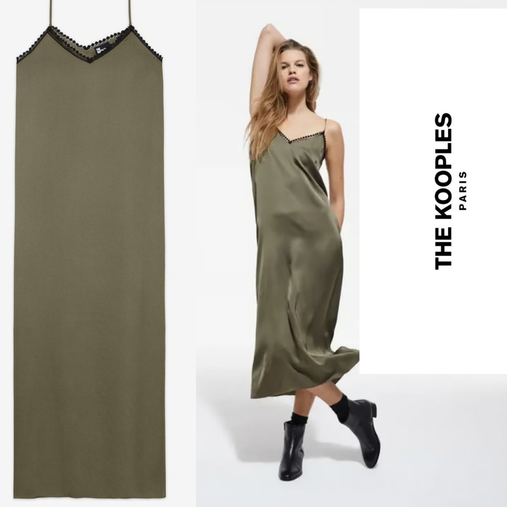 THE KOOPLES Satin Slip Long Maxi Lace Trim V-neck Dress Size L